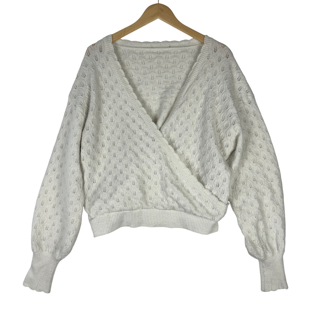 Cream Pointelle Knit Surplice Wrap Balloon Sleeve Sweater M Balletcore
